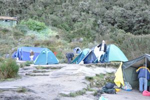 Een tentenkamp tijdens de Camino Inca waar kan worden overnacht